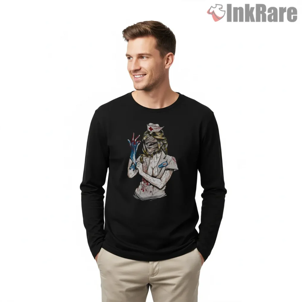 Blink 182 Horror Nurse Punk Vintage Illustration Shirt on black long sleeve shirt for men graphic tee