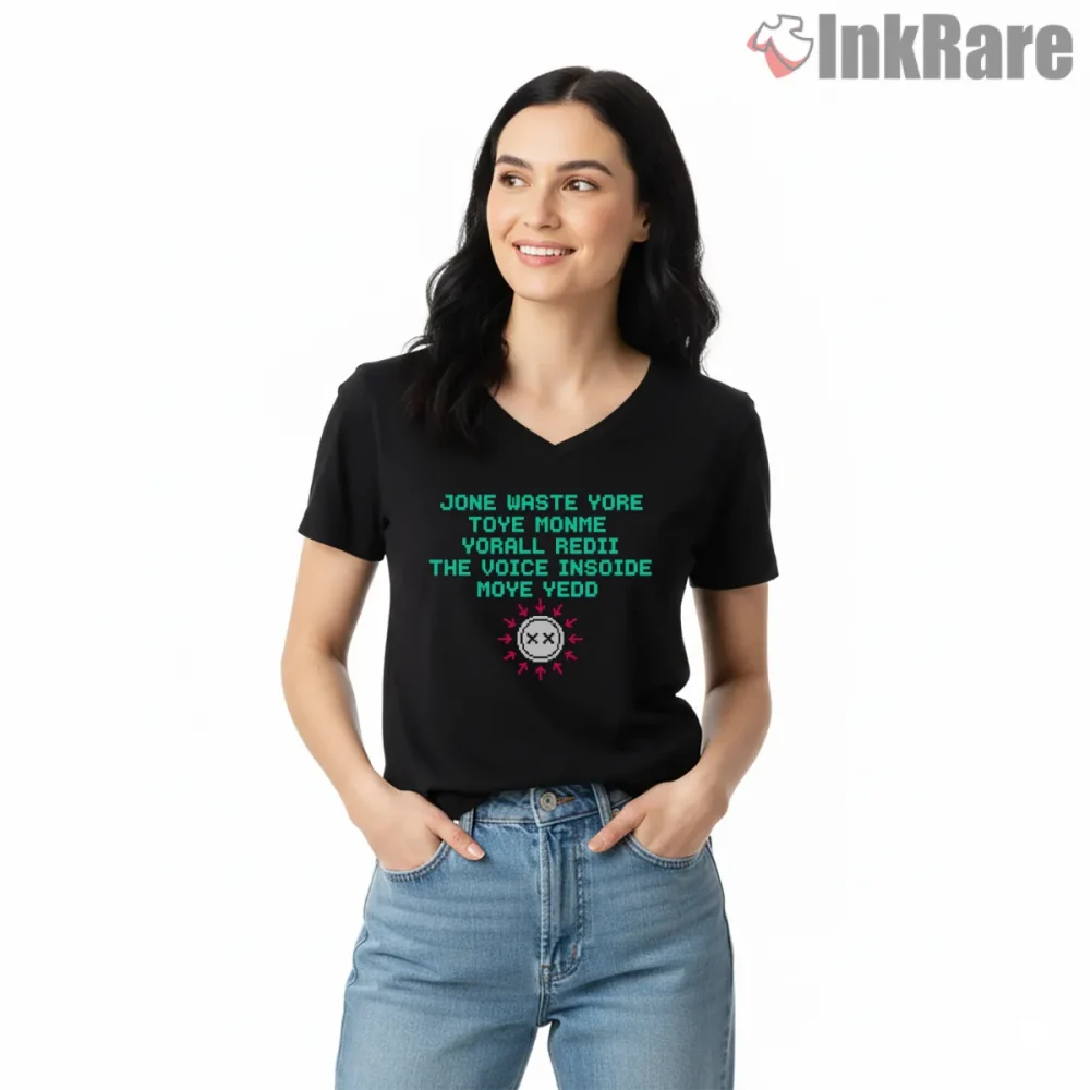 Blink 182 I Miss You Pixel Text Retro Game Shirt on black v-neck shirt for women graphic tee