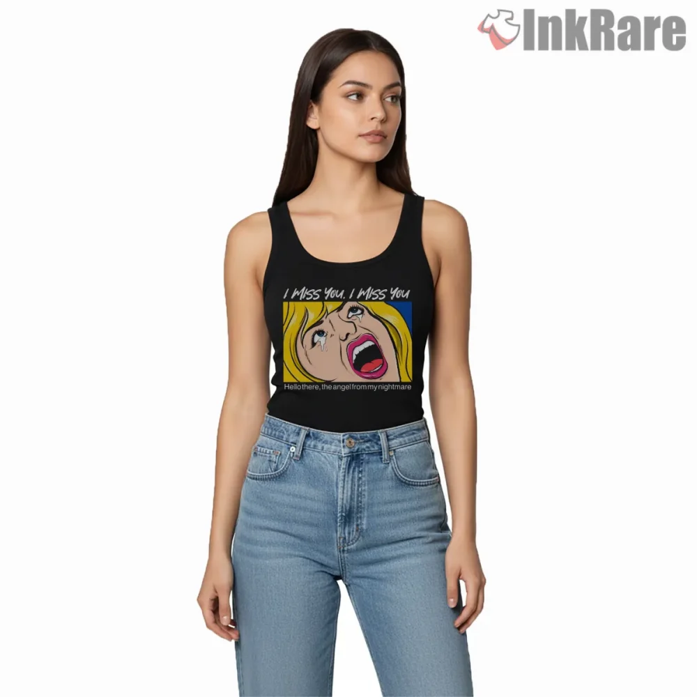 Blink 182 I Miss You Pop Art Crying Face Shirt on black tank top for women graphic tee