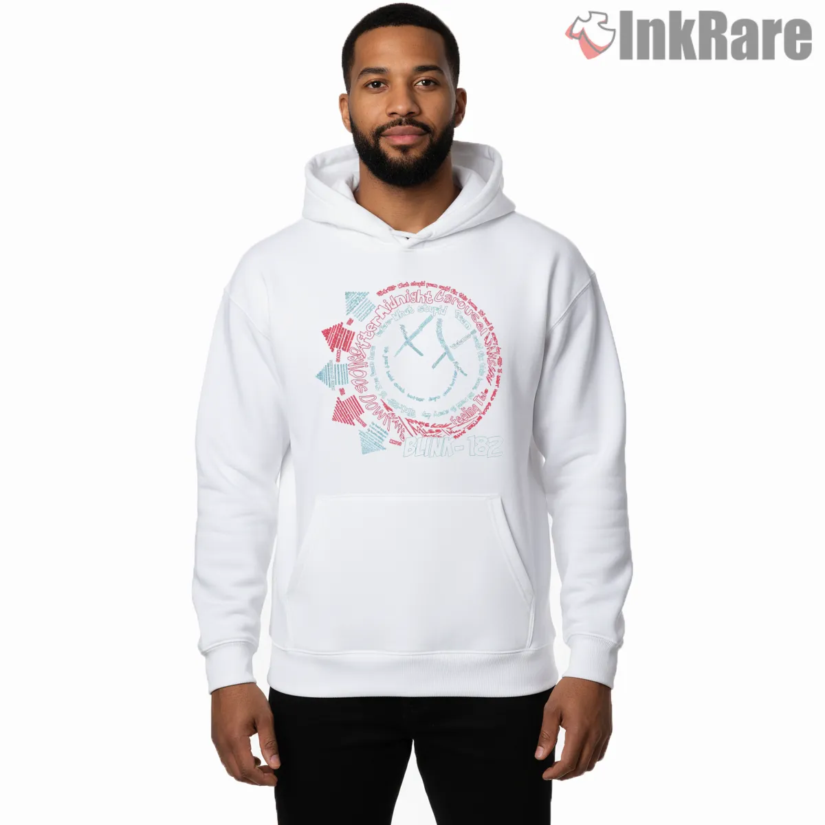 Blink 182 Lyric Circle Smiley Text Art Shirt on white hoodie for men graphic tee