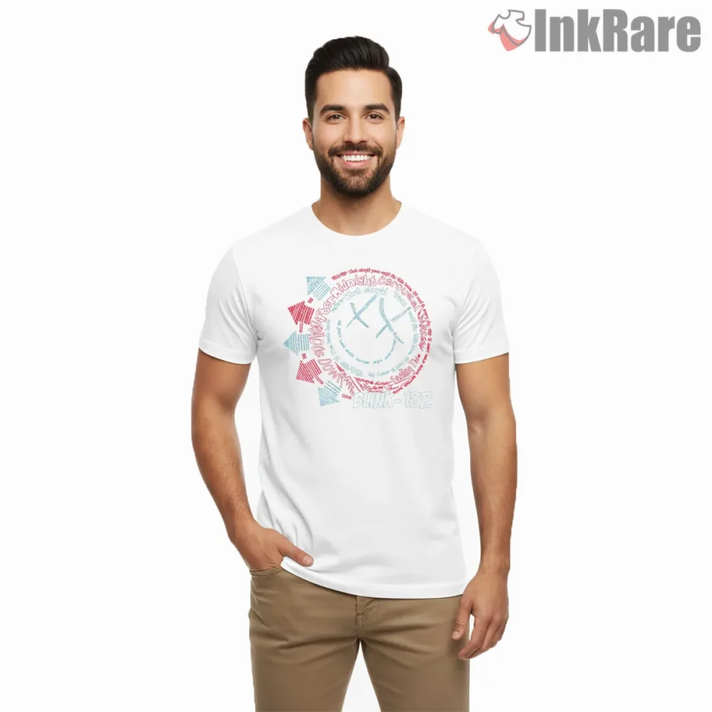 Blink 182 Lyric Circle Smiley Text Art Shirt on white short sleeve shirt for men graphic tee