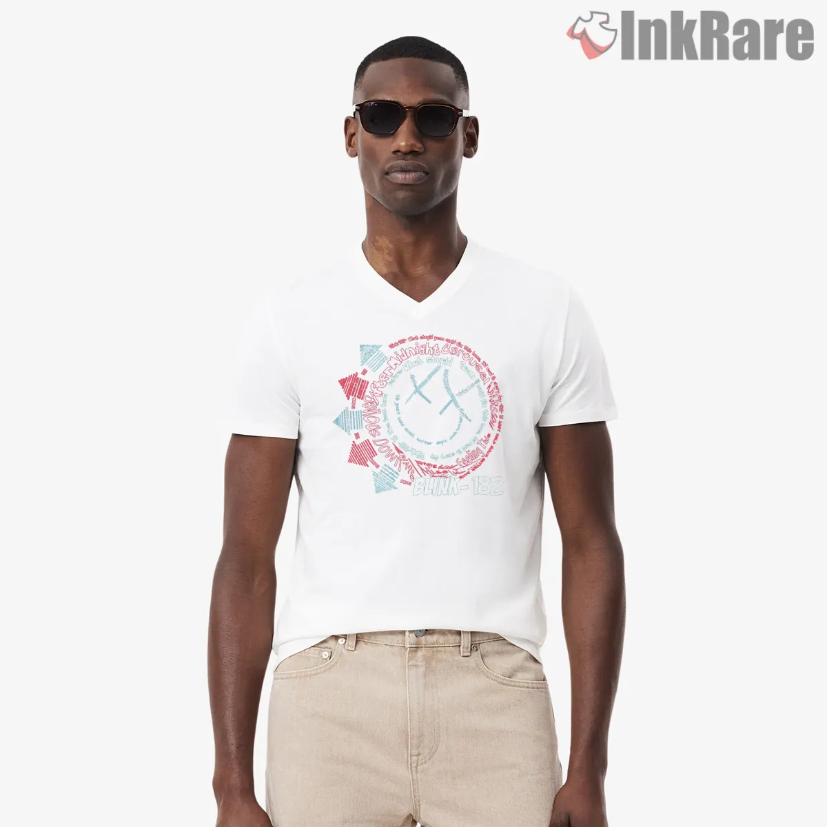Blink 182 Lyric Circle Smiley Text Art V Neck White Blink 182 Lyric Circle Smiley Text Art Shirt on white v-neck shirt for men graphic tee