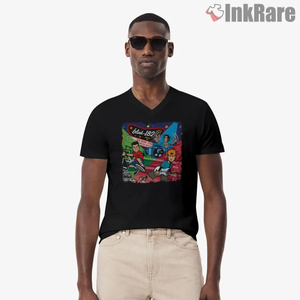 Blink 182 Mark Tom Travis Cartoon Concert Scene Shirt on black v-neck shirt for men graphic tee
