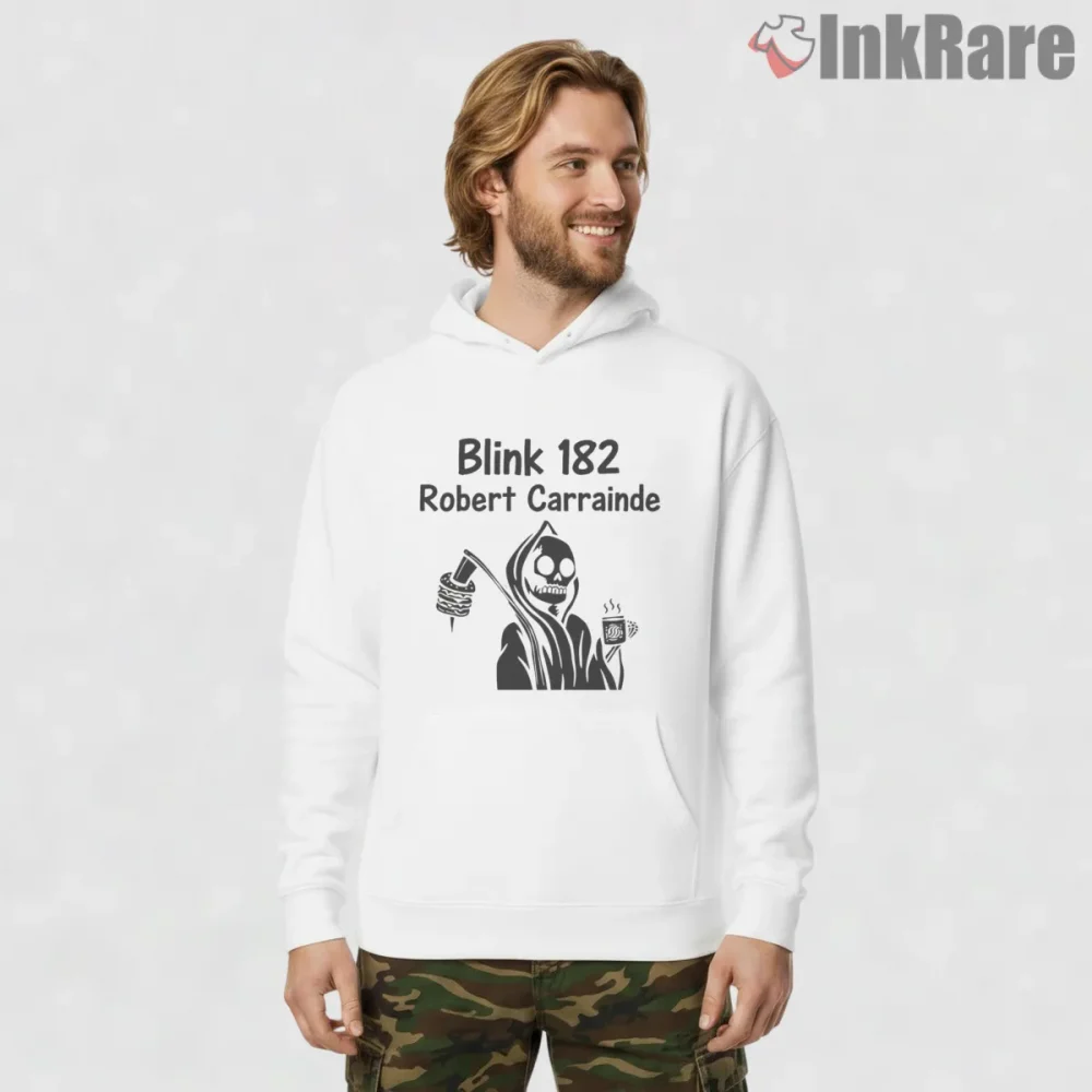 Blink 182 Minimal Cartoon Skeleton Coffee Punk Shirt on white hoodie for men graphic tee
