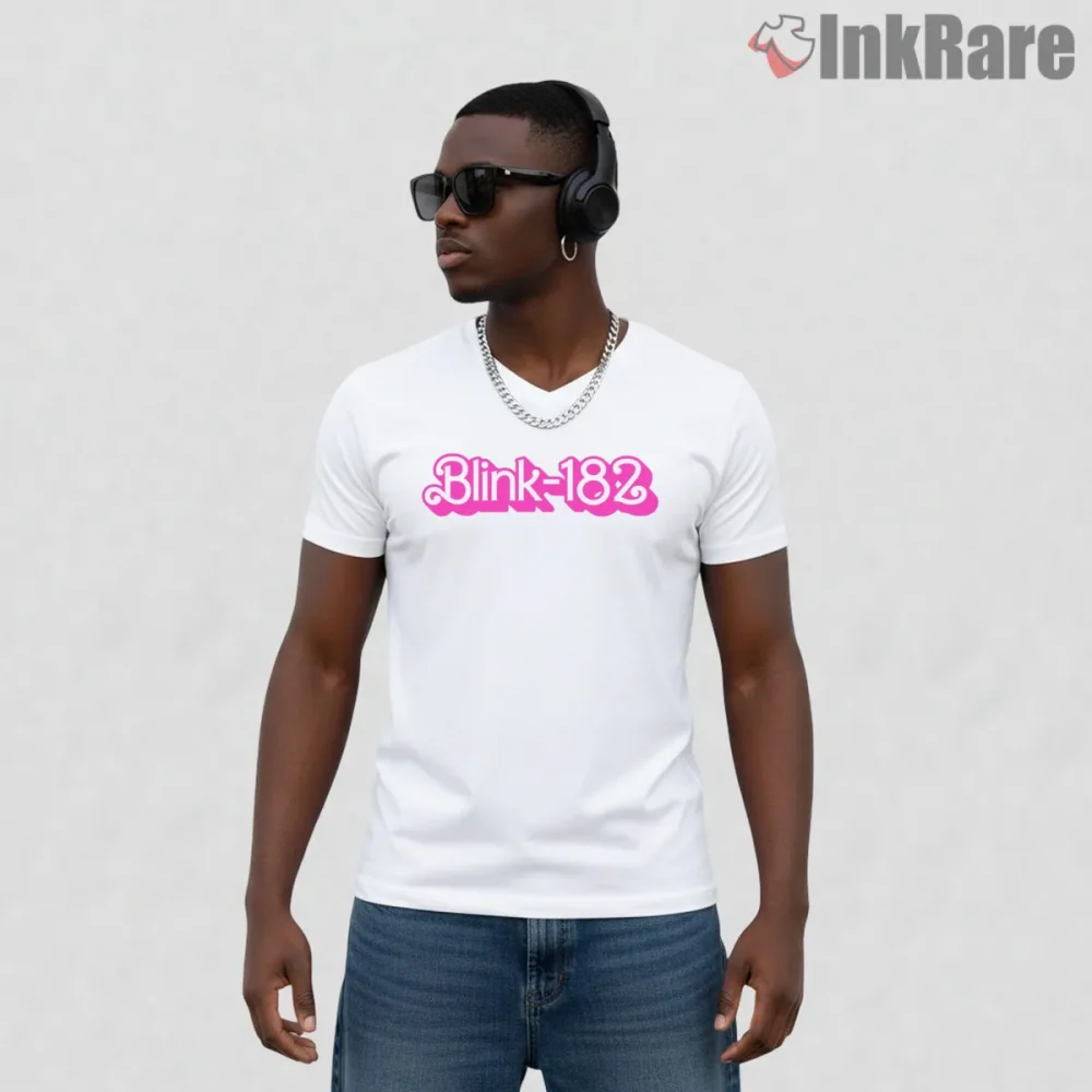 Blink 182 Neon Pink Bubble Logo Minimal Shirt on white v-neck shirt for men graphic tee
