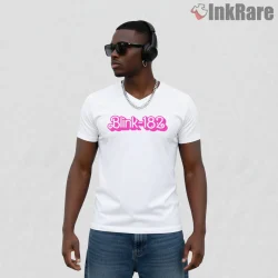 Blink 182 Neon Pink Bubble Logo Minimal Shirt on white v-neck shirt for men graphic tee