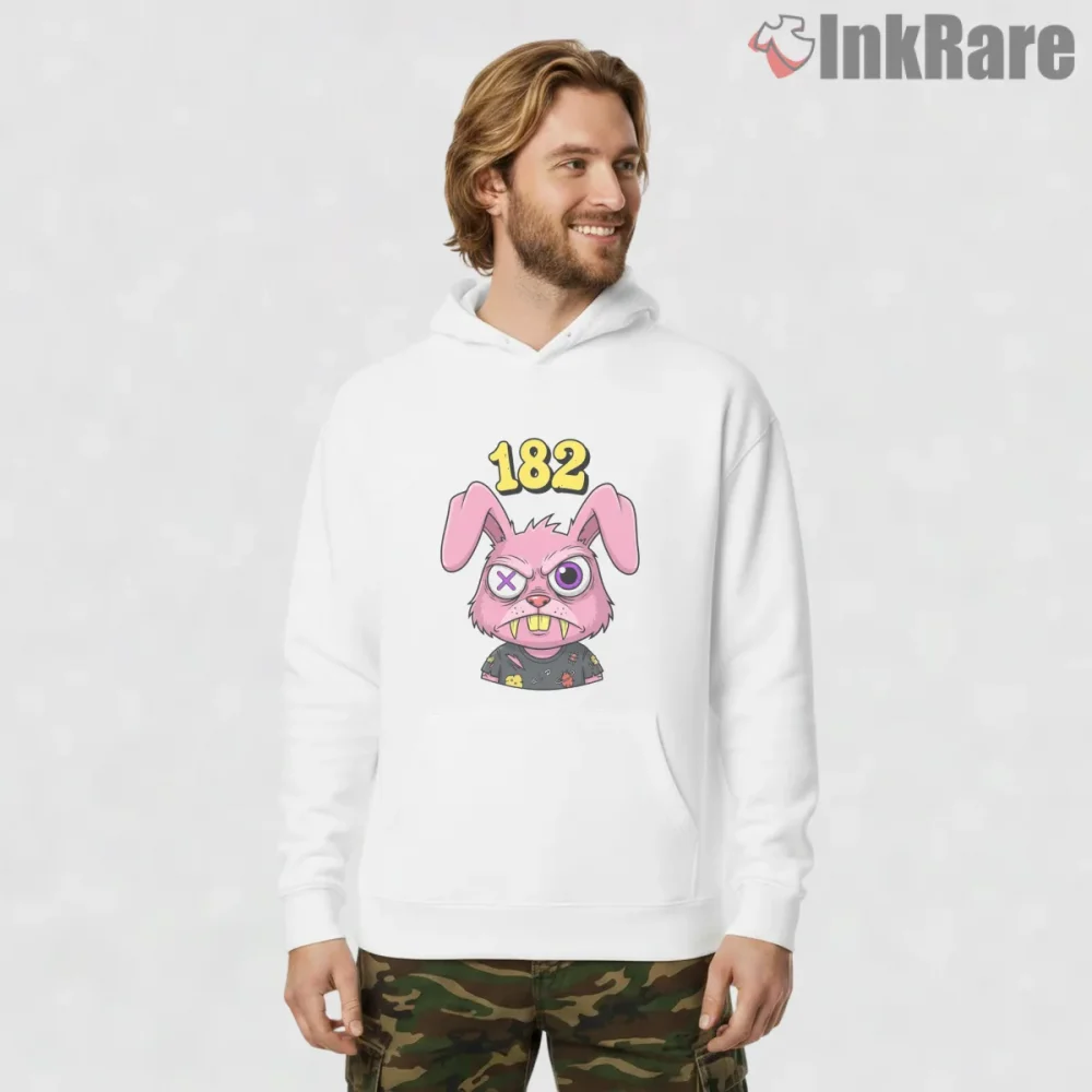 Blink 182 Pink Punk Bunny Cartoon Face Shirt on white hoodie for men graphic tee