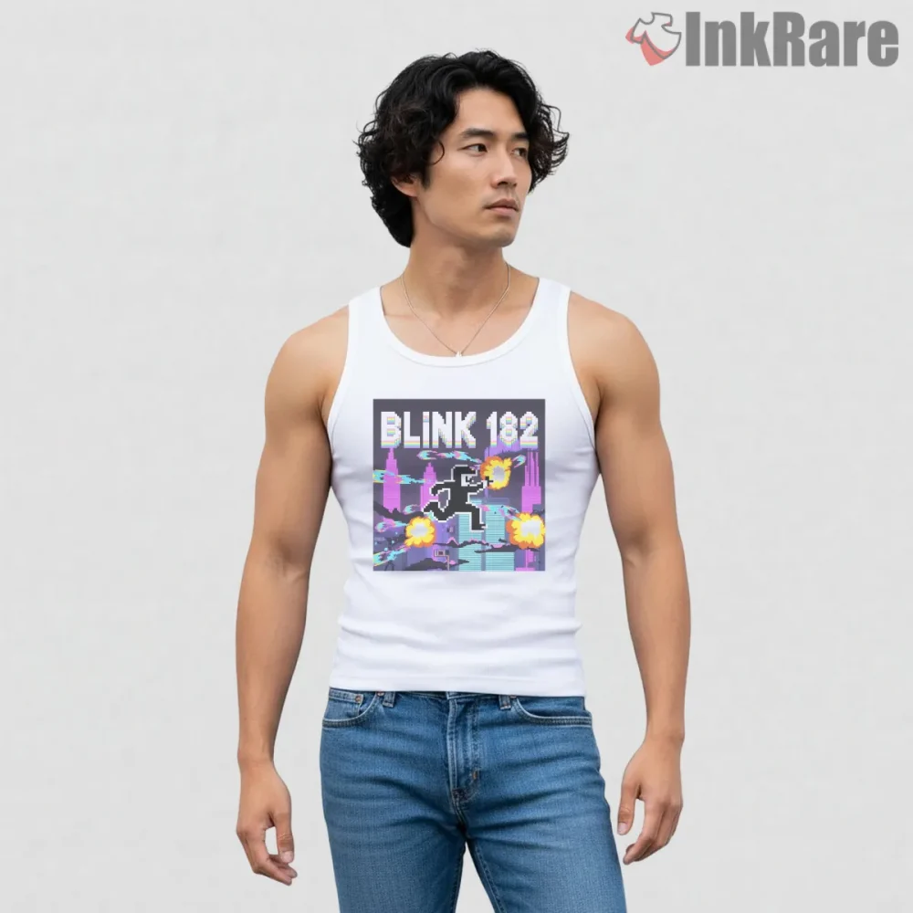 Blink 182 Pixel Game Explosion Retro Arcade Shirt on white tank top for men graphic tee