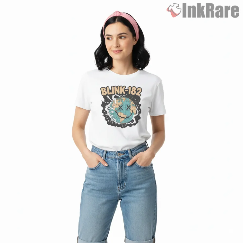 Blink 182 Pop Punk Smiley Earth Retro Graphic Shirt on white short sleeve shirt for women graphic tee