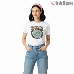 Blink 182 Pop Punk Smiley Earth Retro Graphic Shirt on white short sleeve shirt for women graphic tee