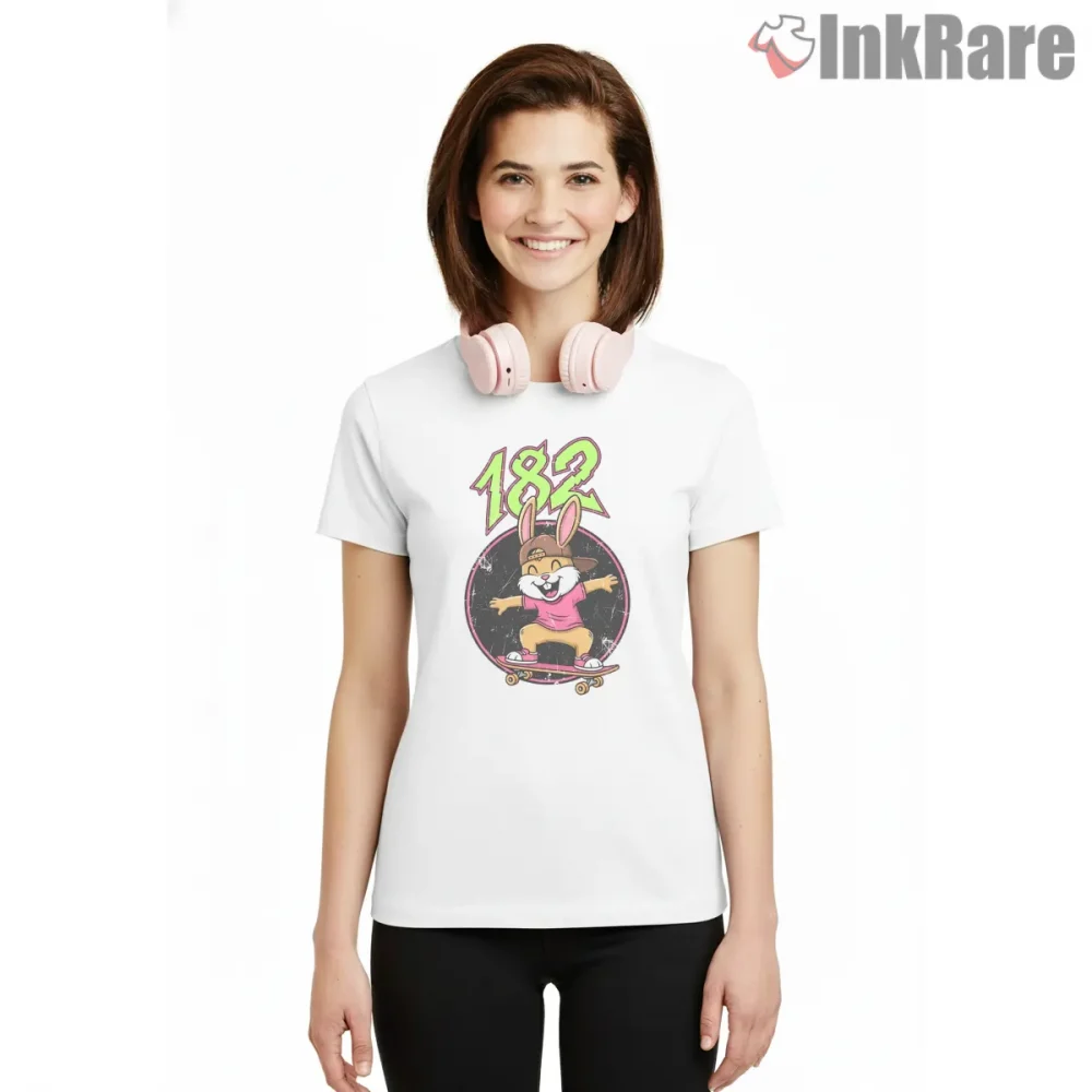 Blink 182 Radical Skater Bunny Cartoon Punk Shirt on white short sleeve shirt for women graphic tee