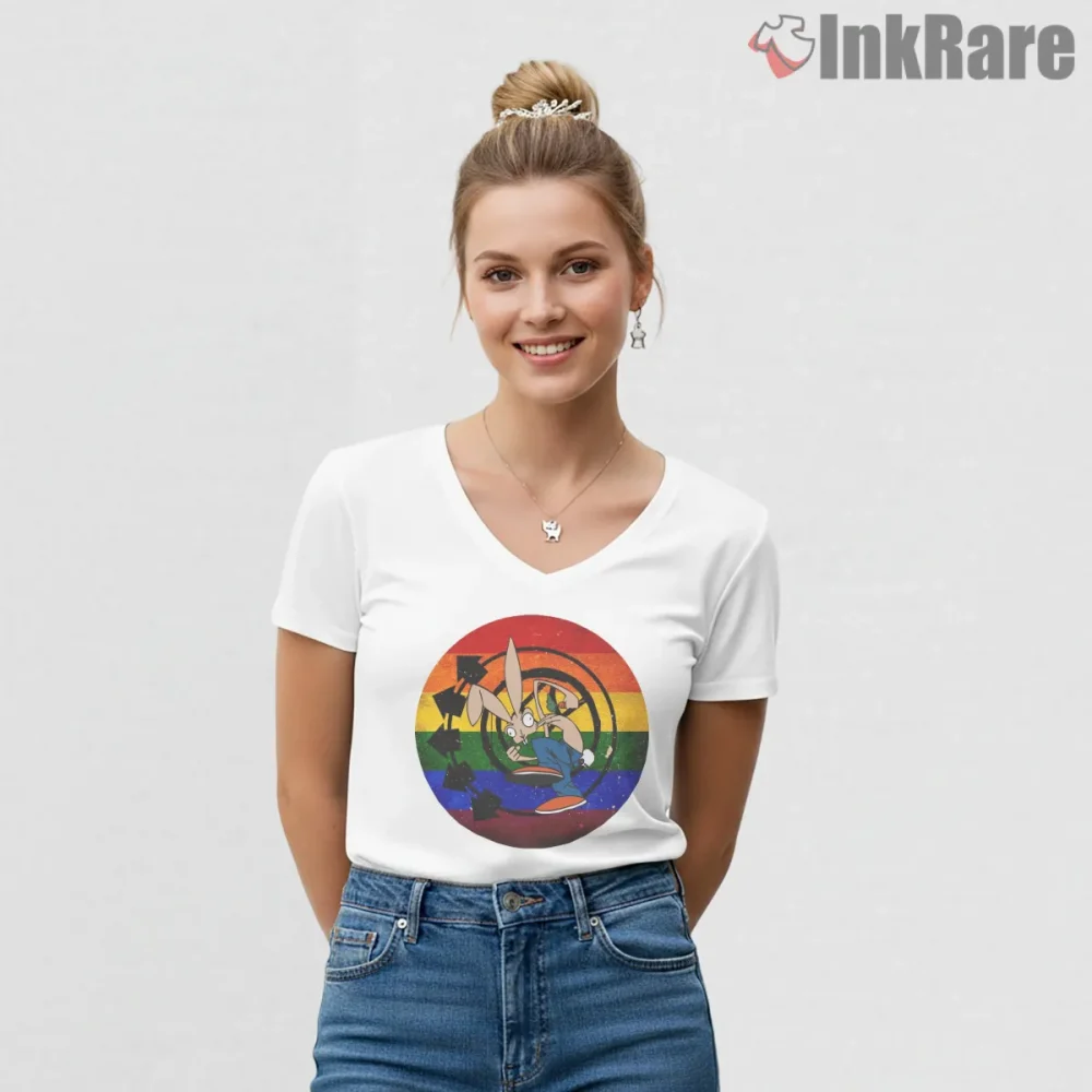 Blink 182 Rainbow Retro Bunny Target Vintage Shirt on white v-neck shirt for women graphic tee