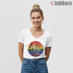 Blink 182 Rainbow Retro Bunny Target Vintage Shirt on white v-neck shirt for women graphic tee