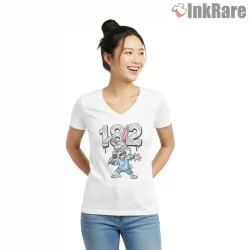 Blink 182 Rocking Bunny Microphone Punk Cartoon Shirt on white v-neck shirt for women graphic tee