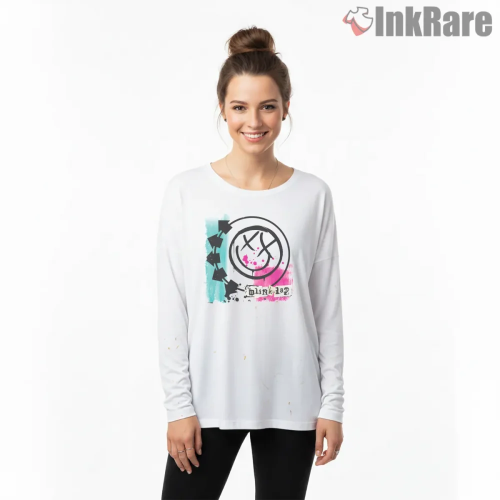 Blink 182 Smiley Arrow Street Art Punk Logo Shirt on white long sleeve shirt for women graphic tee