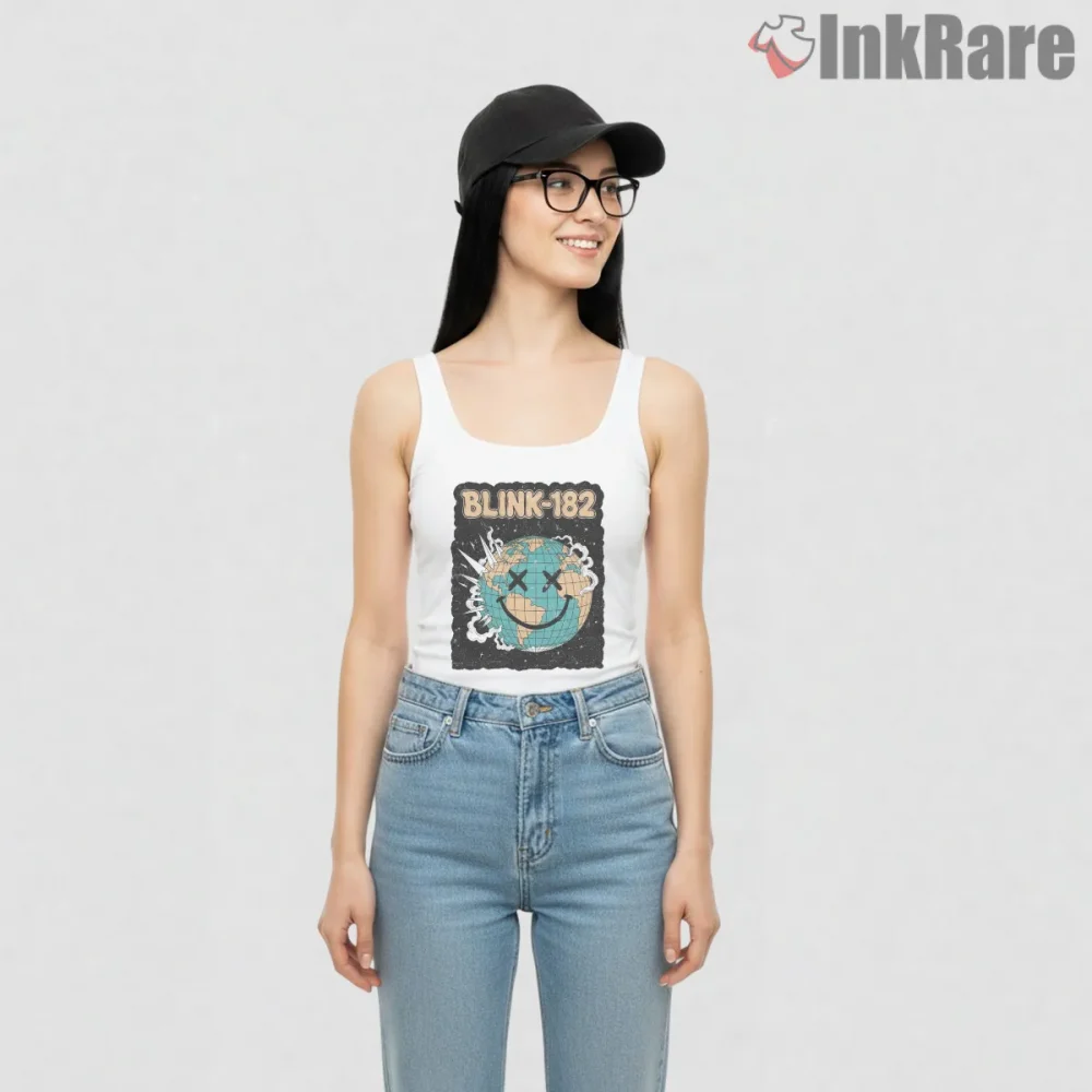 Blink 182 Smiley Globe Punk Earth Graphic Shirt on white tank top for women graphic tee