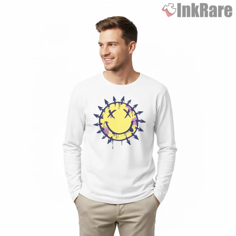 Blink 182 Spiked Smile Sun Punk Icon Graphic Shirt on white long sleeve shirt for men graphic tee