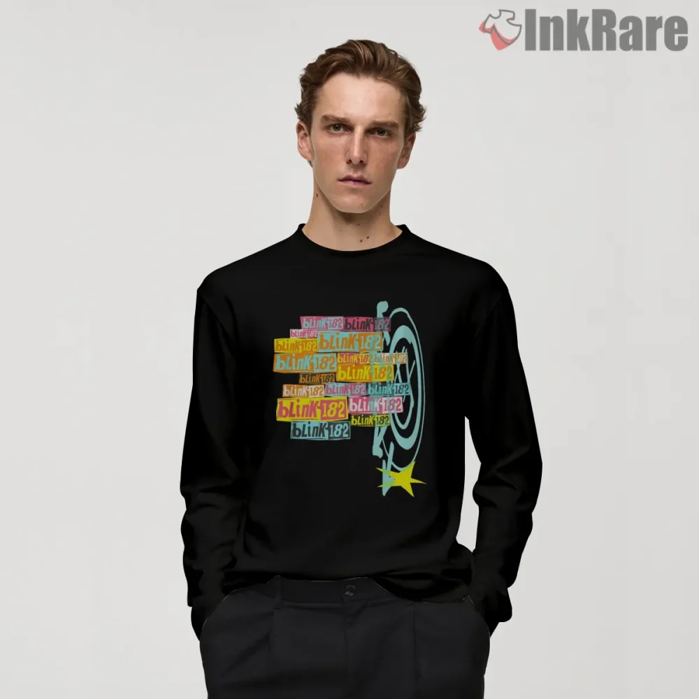 Blink 182 Stacked Logo Skater Punk Sticker Shirt on black long sleeve shirt for men graphic tee