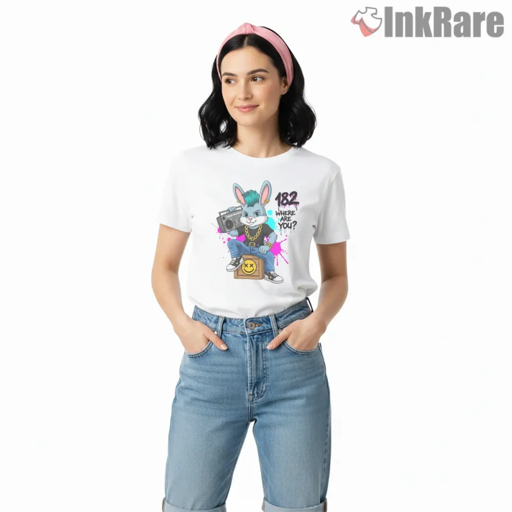 Blink 182 Street Style Bunny Boombox Cartoon Shirt on white short sleeve shirt for women graphic tee