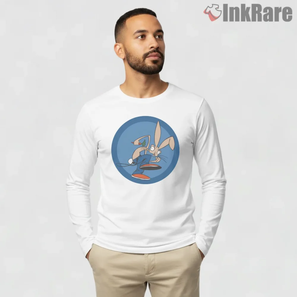 Blink 182 Vintage Cartoon Bunny Blue Circle Shirt on white long sleeve shirt for men graphic tee