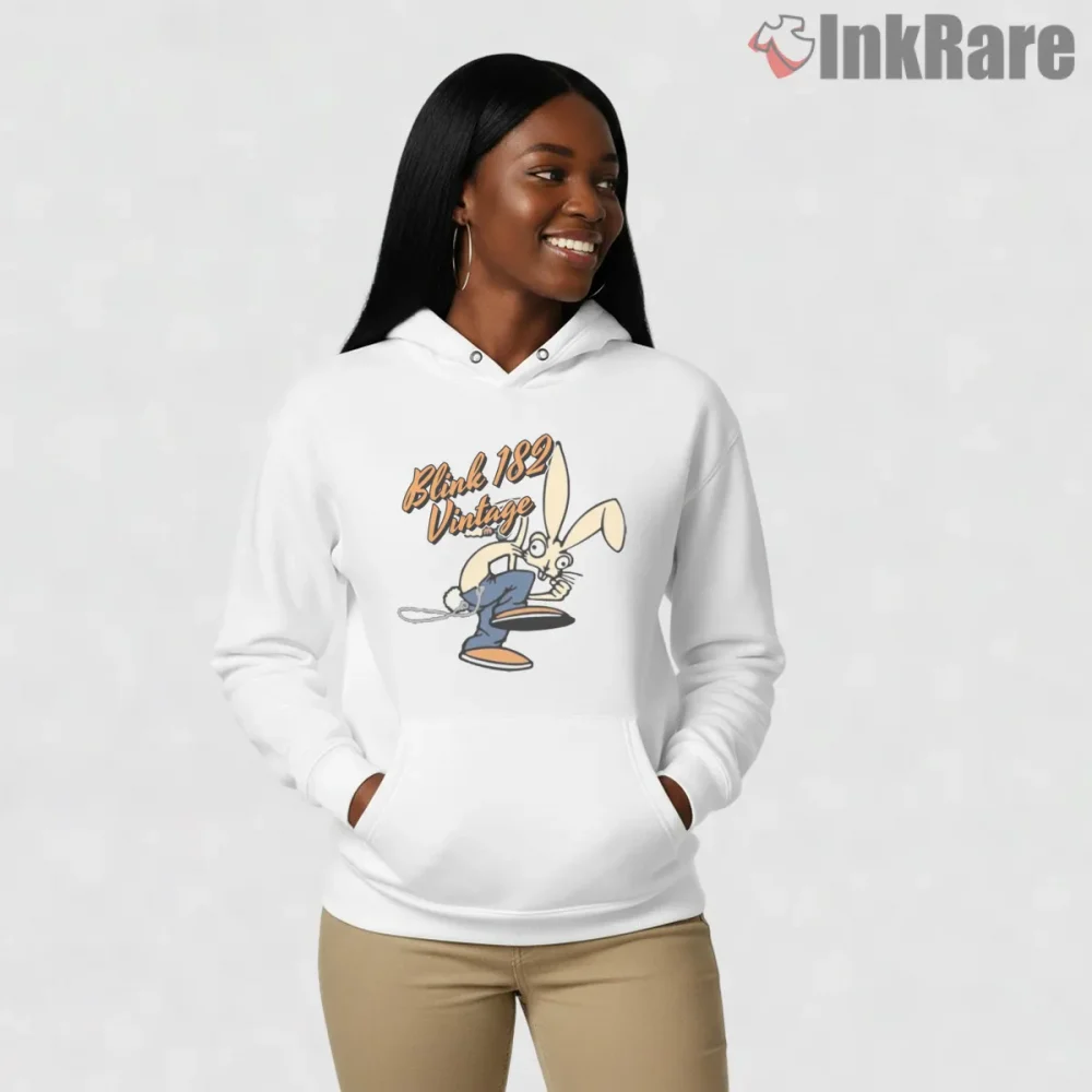 Blink 182 Vintage Running Bunny Sketch Cartoon Shirt on white hoodie for women graphic tee