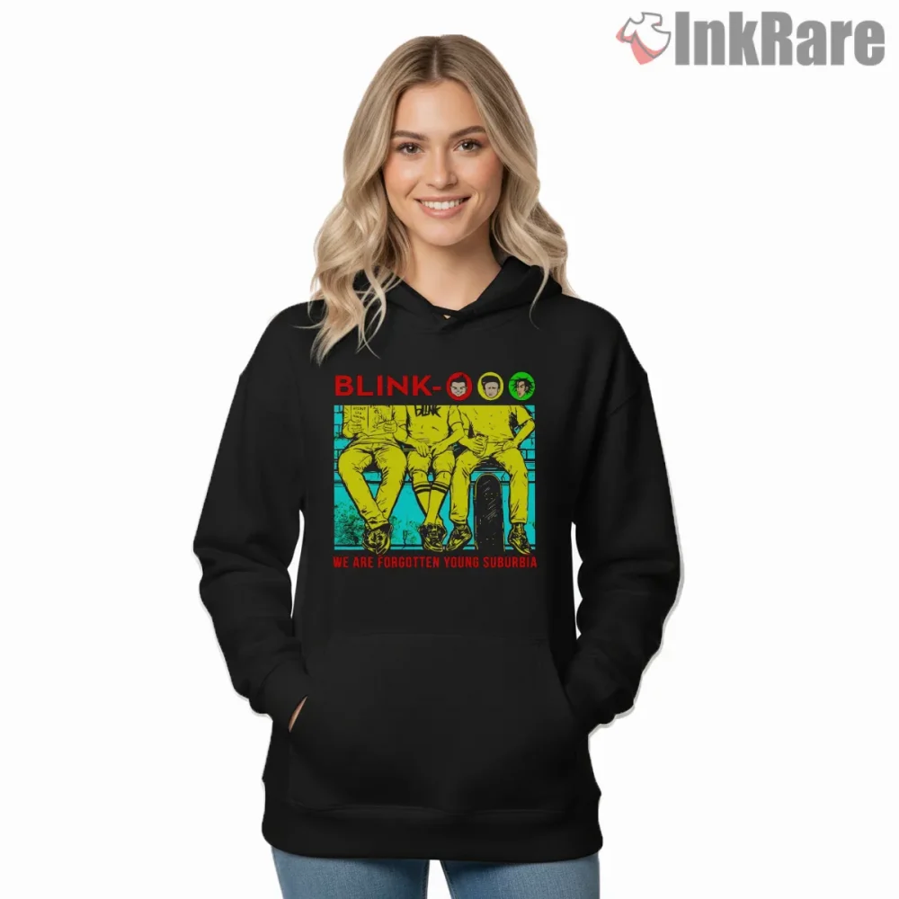 Blink 182 Vintage Suburbia Trio Graphic Punk Shirt on black hoodie for women graphic tee
