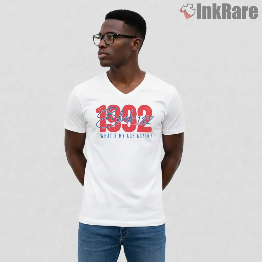 Blink 182 Whats My Age Again Retro Logo Shirt on white v-neck shirt for men graphic tee
