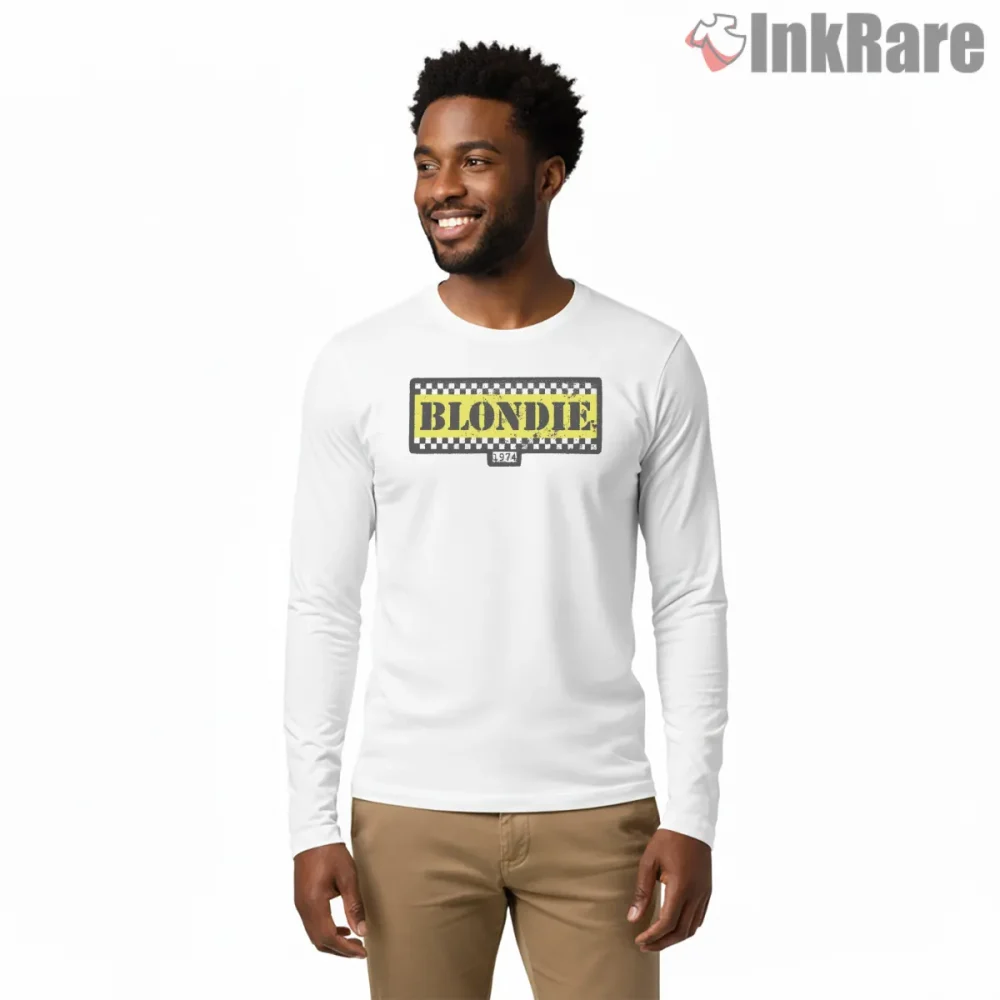 Blondie 1974 Checkerboard Vintage Logo Punk Shirt on white long sleeve shirt for men graphic tee