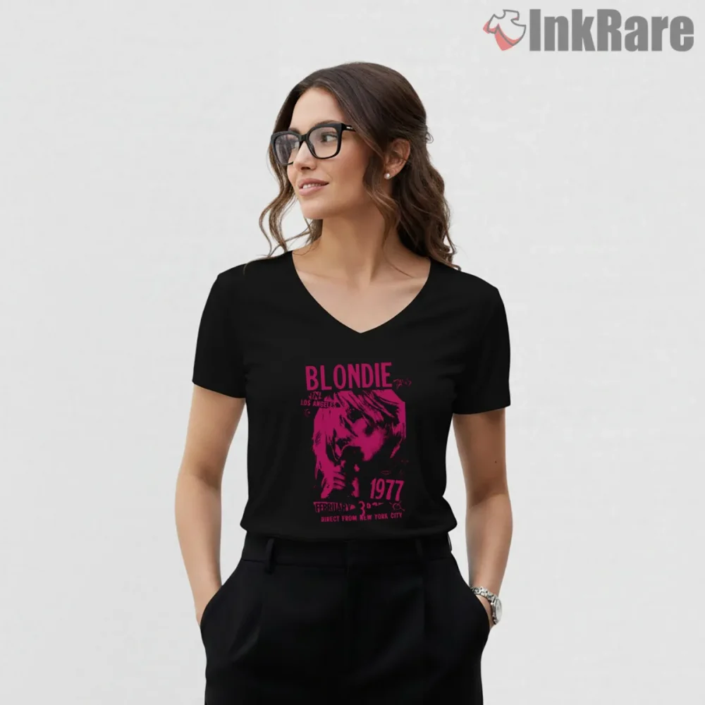 Blondie 1977 Magenta Punk Poster New Wave Shirt on black v-neck shirt for women graphic tee
