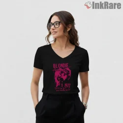 Blondie 1977 Magenta Punk Poster New Wave Shirt on black v-neck shirt for women graphic tee