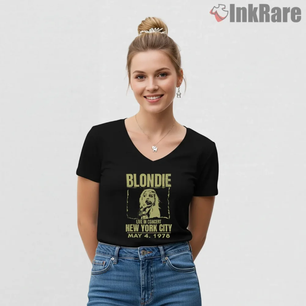 Blondie 1978 New York City Live Concert Poster Shirt on black v-neck shirt for women graphic tee