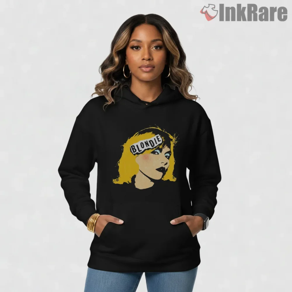 Blondie 70s Pop Art Yellow Hair Graphic Portrait Shirt on black hoodie for women graphic tee
