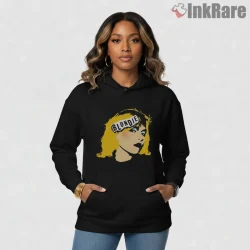 Blondie 70s Pop Art Yellow Hair Graphic Portrait Shirt on black hoodie for women graphic tee