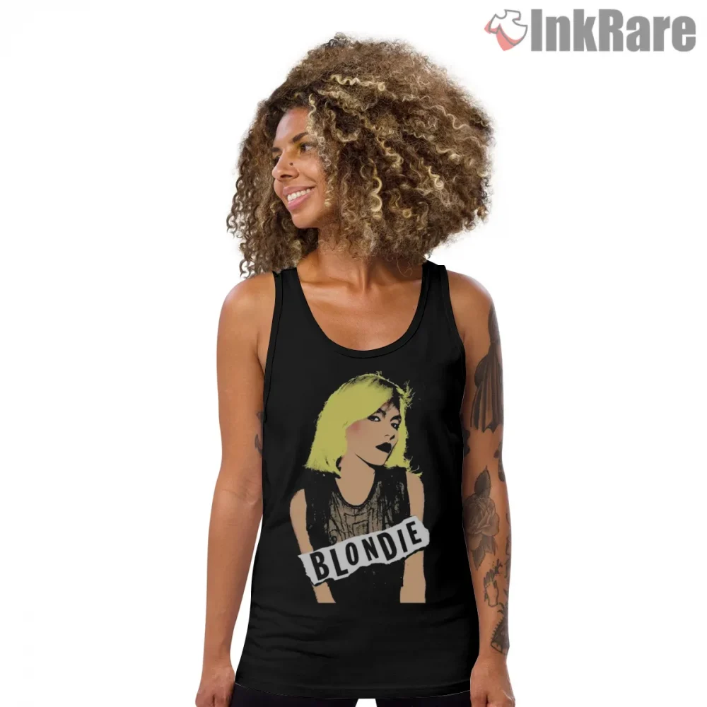 Blondie 70s Punk Pop Art Neon Hair Portrait Shirt on black tank top for women graphic tee