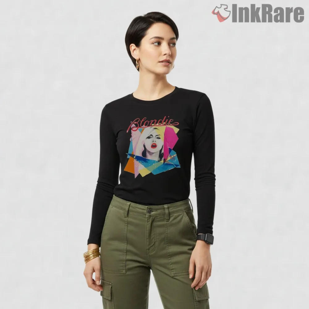 Blondie Abstract Color Layered Portrait Pop Art Shirt on black long sleeve shirt for women graphic tee