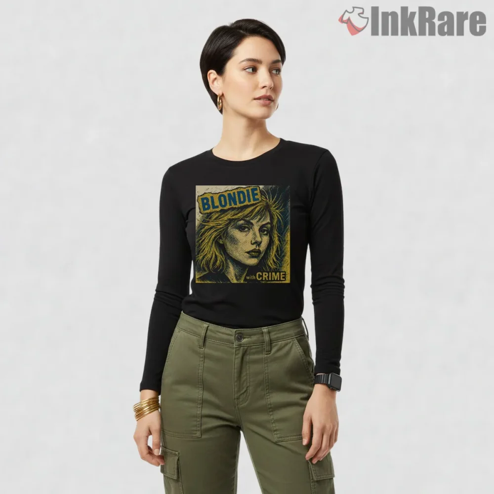Blondie Atomic Crime Graphic Punk Portrait Shirt on black long sleeve shirt for women graphic tee