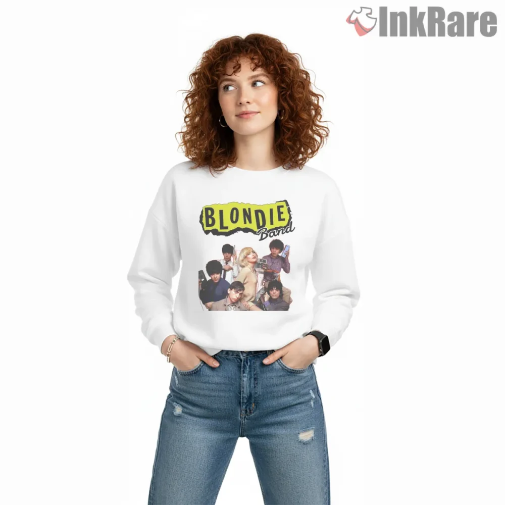 Blondie Band Group Photo Classic Yellow Logo Shirt on graphic shirt for women graphic tee