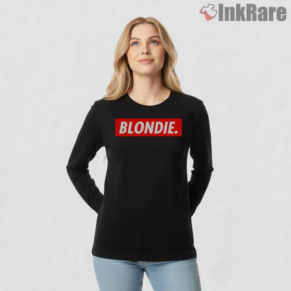 Blondie Bold Logo Minimal Streetwear Statement Shirt on black long sleeve shirt for women graphic tee
