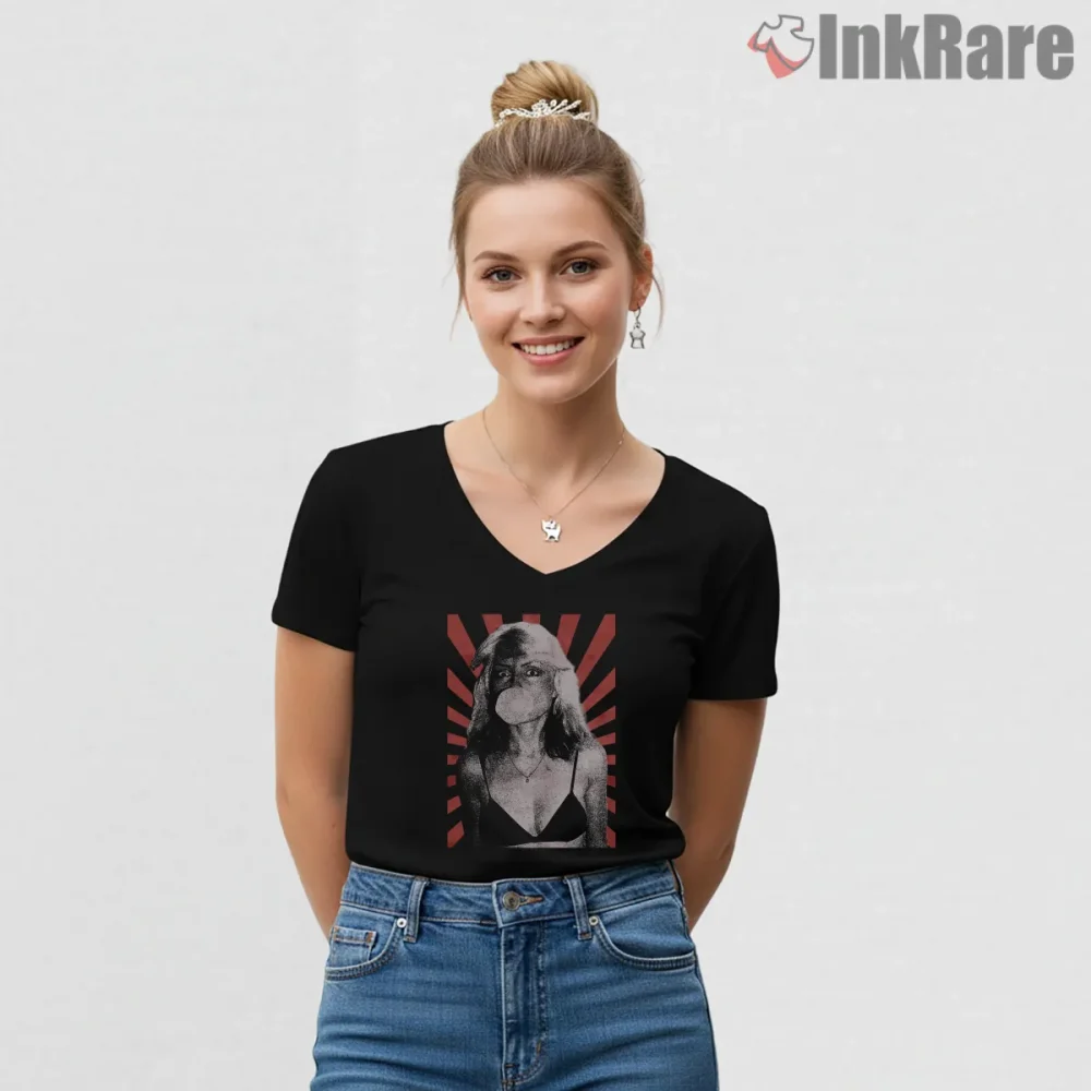 Blondie Bubble Gum Vintage Punk Portrait Graphic Shirt on black v-neck shirt for women graphic tee