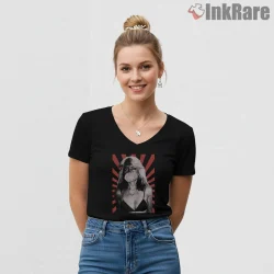 Blondie Bubble Gum Vintage Punk Portrait Graphic Shirt on black v-neck shirt for women graphic tee