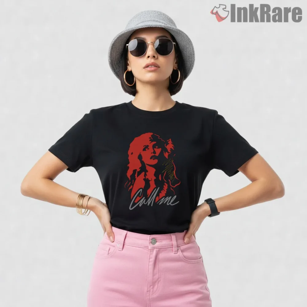 Blondie Call Me 80s Retro Red Pop Art Shirt on black short sleeve shirt for women graphic tee