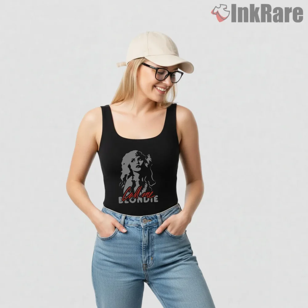 Blondie Call Me Retro Silhouette Music Graphic Shirt on black tank top for women graphic tee