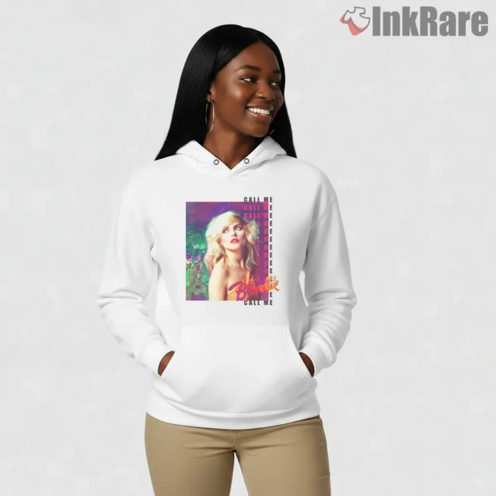Blondie Call Me Vertical Typography Retro Portrait Shirt on white hoodie for women graphic tee