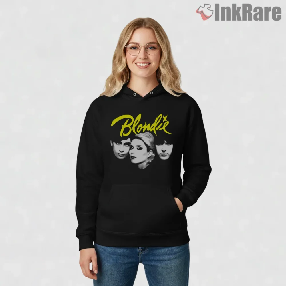 Blondie Classic Band Portrait Neon Logo Shirt on black hoodie for women graphic tee
