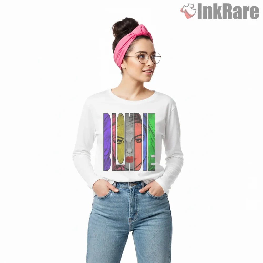 Blondie Color Panel Face Abstract Pop Portrait Shirt on white long sleeve shirt for women graphic tee