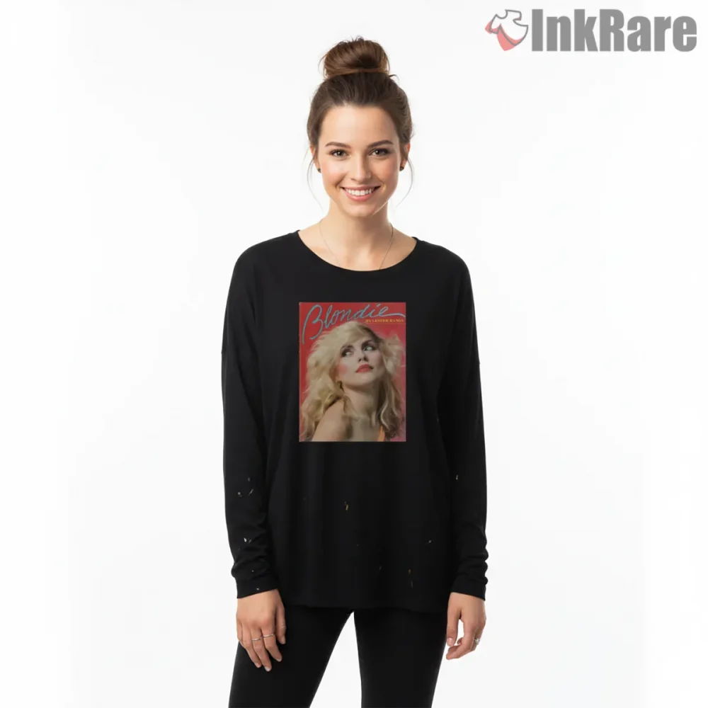 Blondie Debbie Harry 80s Album Cover Glam Portrait Shirt on black long sleeve shirt for women graphic tee