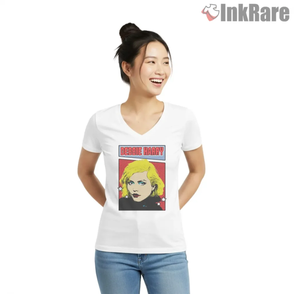 Blondie Debbie Harry 80s Comic Pop Art Portrait Shirt on white v-neck shirt for women graphic tee