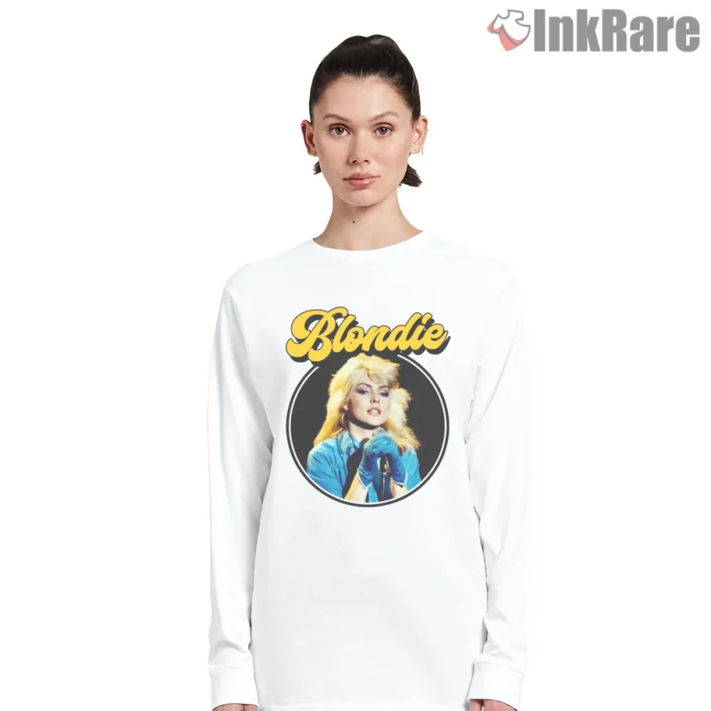 Blondie Debbie Harry Classic Circle Frame Portrait Shirt on white long sleeve shirt for women graphic tee