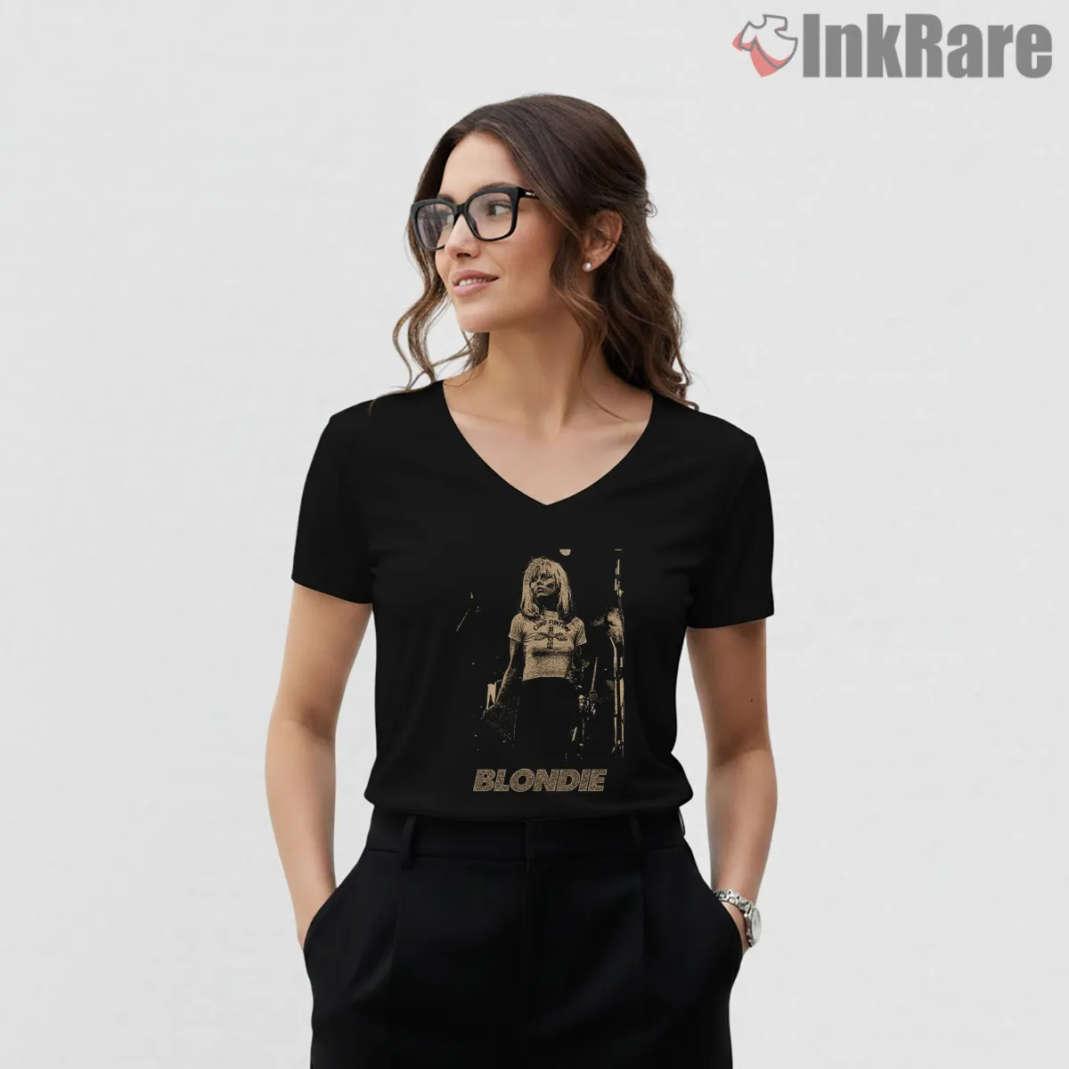 Blondie Debbie Harry Live Stage Performance V Neck Black Blondie Debbie Harry Live Stage Performance Shirt on black v-neck shirt for women graphic tee