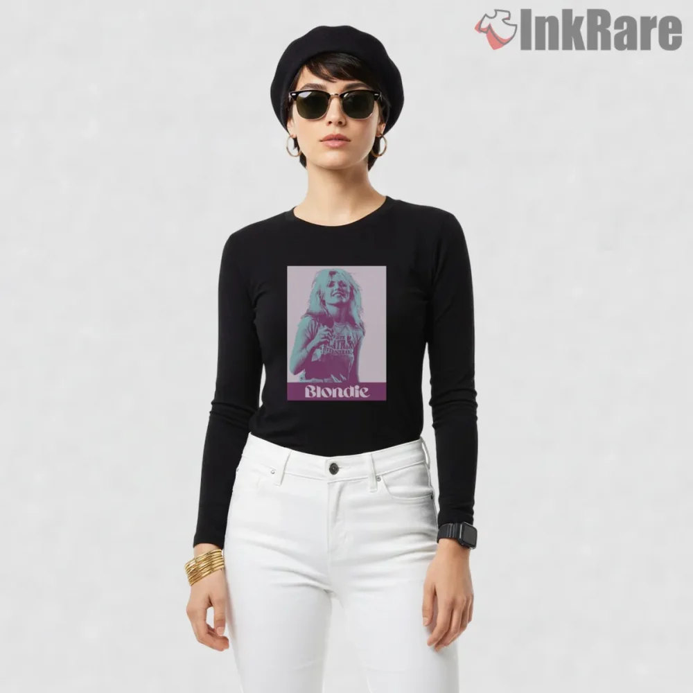 Blondie Debbie Harry Pop Art Legend Soft Tone Portrait Shirt on black long sleeve shirt for women graphic tee